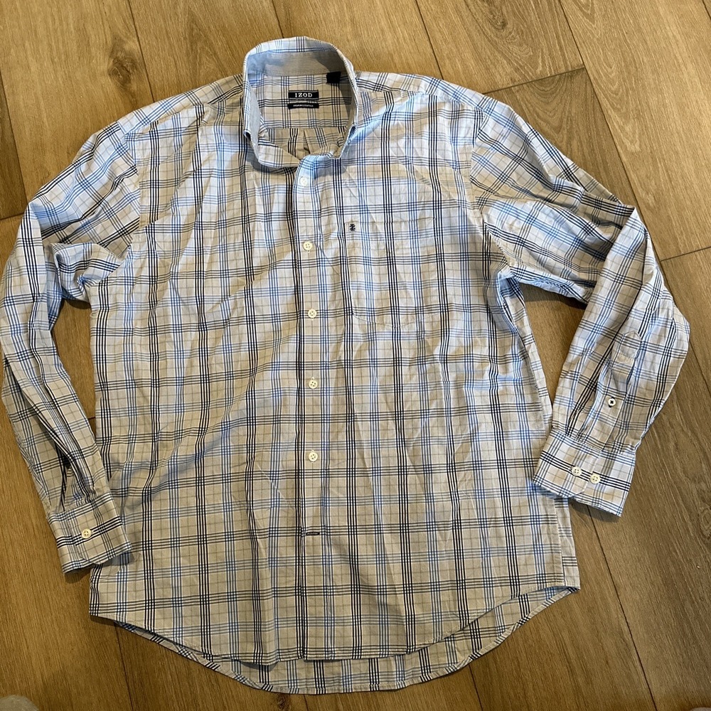IZOD Mens Blue Plaid Premium Essentials Long Sleeve Button Down Shirt Medium